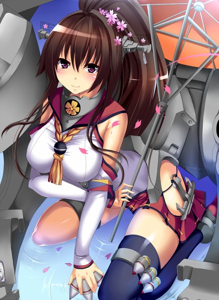 Anime picture 923x1267 with kantai collection yamato super battleship k liss s single long hair tall image looking at viewer blush breasts light erotic smile brown hair large breasts purple eyes ponytail girl thighhighs flower (flowers) weapon black thighhighs