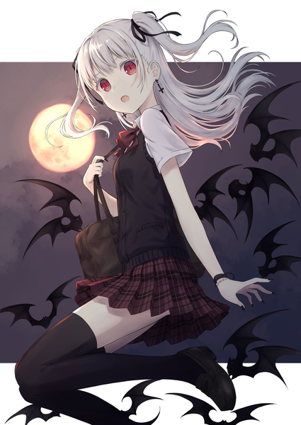 Anime picture 1700x2400 with original 104 single long hair tall image fringe open mouth red eyes silver hair nail polish pleated skirt fang (fangs) two side up plaid skirt outside border vampire girl thighhighs skirt uniform