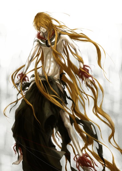 Anime picture 1500x2102 with bleach studio pierrot kurosaki ichigo koori ichi single long hair tall image fringe very long hair fingernails orange hair torn clothes long fingernails muscle hair over eyes boy navel thread