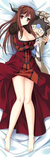 Anime picture 500x1558 with maoyuu maou yuusha arms corporation maou (maoyuu) endori long hair tall image looking at viewer blush breasts light erotic red eyes brown hair large breasts barefoot horn (horns) bare legs legs dakimakura (medium) girl dress