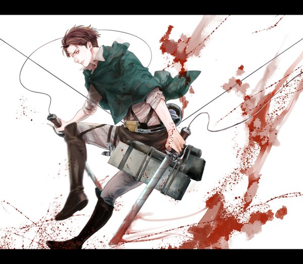 Anime picture 1320x1149 with shingeki no kyojin production i.g levi (rivaille) yuu (1969loy) single short hair brown hair holding profile blurry teeth letterboxed jumping dual wielding twisty sleeves boy uniform weapon shirt sword