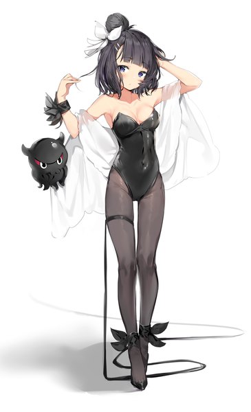 Anime picture 2250x3700 with fate (series) fate/grand order katsushika hokusai (fate/grand order) tokitarou (fate/grand order) silver (chenwen) single tall image looking at viewer blush fringe highres short hair breasts light erotic black hair simple background standing white background purple eyes bare shoulders