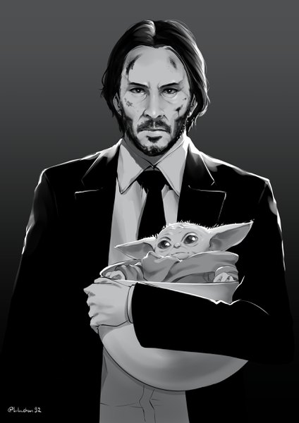 Anime picture 1736x2456 with star wars john wick keanu reeves baby yoda lulu-chan92 single tall image highres short hair black hair simple background standing holding signed upper body realistic grey background twitter username monochrome portrait