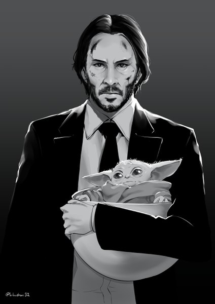 イラスト 1736x2456 と star wars john wick keanu reeves baby yoda lulu-chan92 ソロ 長身像 highres 短い髪 黒髪 simple background 立つ holding signed upper body realistic grey background twitter username monochrome portrait