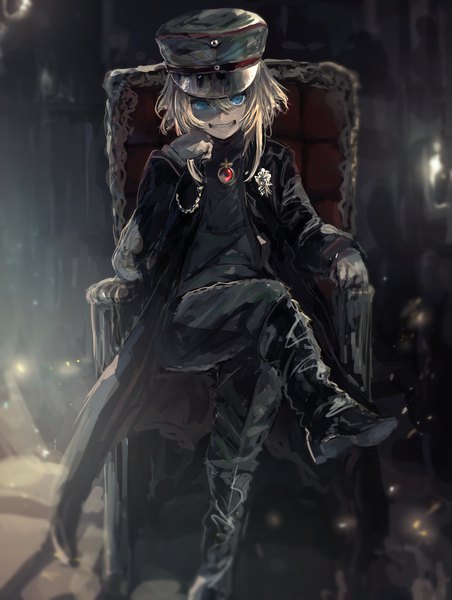 Anime picture 1731x2297 with youjo senki tanya degurechaff misaki nonaka single tall image looking at viewer highres short hair blue eyes blonde hair smile sitting payot bent knee (knees) grin crossed legs soles shaded face girl uniform