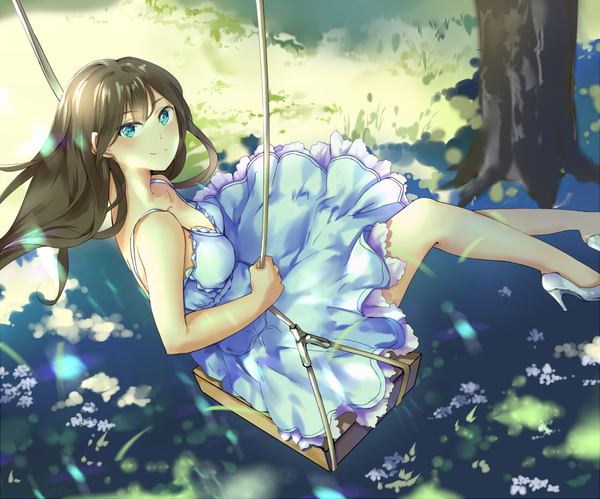 Anime picture 1000x833 with idolmaster idolmaster cinderella girls shibuya rin ddaomphyo single long hair blush fringe blue eyes smile brown hair sitting bare shoulders bent knee (knees) looking back from above sunlight bare legs high heels girl