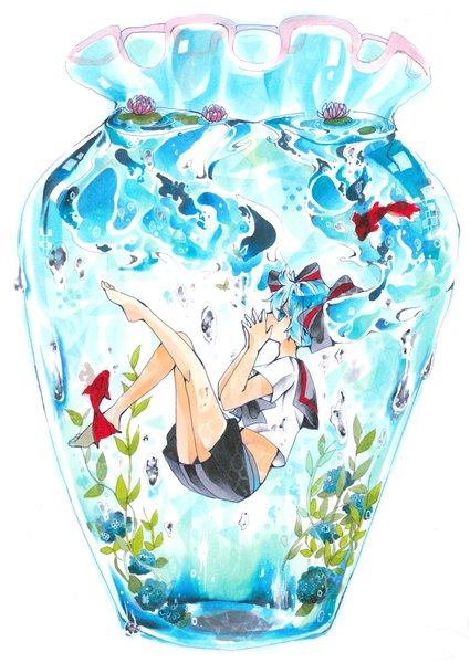 Anime picture 3099x4375 with vocaloid hatsune miku bottle miku ujii single long hair tall image highres absurdres profile barefoot aqua eyes aqua hair midriff underwater weightlessness liquid hair girl skirt uniform