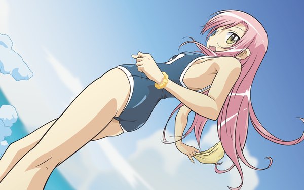 Anime picture 2560x1600 with hayate no gotoku! katsura hinagiku long hair looking at viewer highres open mouth light erotic wide image pink hair sky looking back wallpaper vector girl swimsuit bracelet one-piece swimsuit school swimsuit
