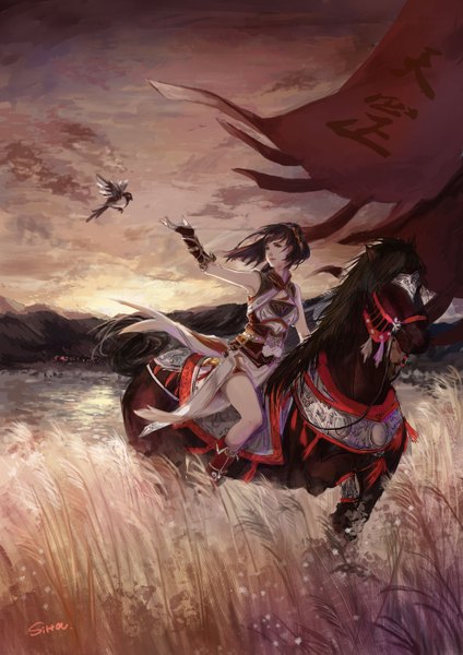 Anime picture 992x1403 with original sitta single tall image short hair breasts brown hair brown eyes signed sky bent knee (knees) traditional clothes arm up light smile wind lips armpit (armpits) outstretched arm horizon mountain