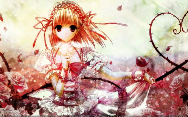 Anime picture 1920x1200 with chronicle-suzuhira hiro artworks suzuhira hiro single looking at viewer fringe highres short hair red eyes wide image standing holding parted lips wind orange hair puffy sleeves gradient background frilled dress lolita fashion girl dress