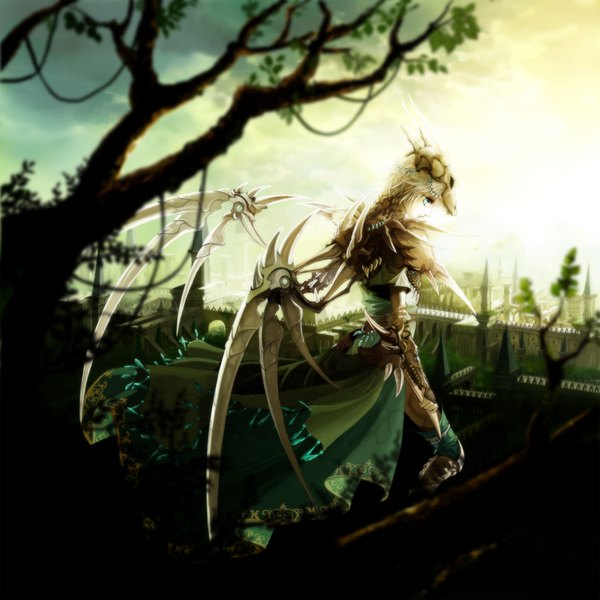 Anime picture 2000x2000 with original souya touki highres short hair blue eyes blonde hair horn (horns) girl dress weapon plant (plants) wings tree (trees) armor skull castle thorns