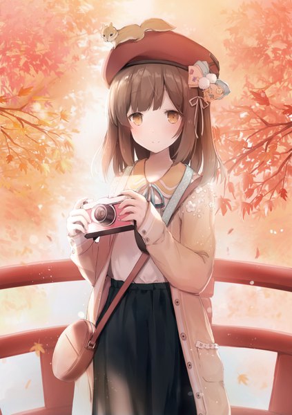 Anime picture 595x842 with original suzumori uina single long hair tall image looking at viewer blush brown hair standing holding brown eyes outdoors autumn animal on head girl animal bag beret cardigan camera