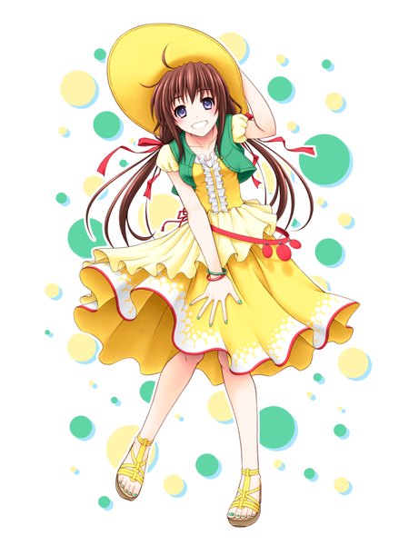 Anime picture 1500x2000 with original c.c. lemon c.c. lemon (character) horiguchi hiroshi single long hair tall image looking at viewer blush blue eyes smile brown hair white background girl dress hat bubble (bubbles) sandals