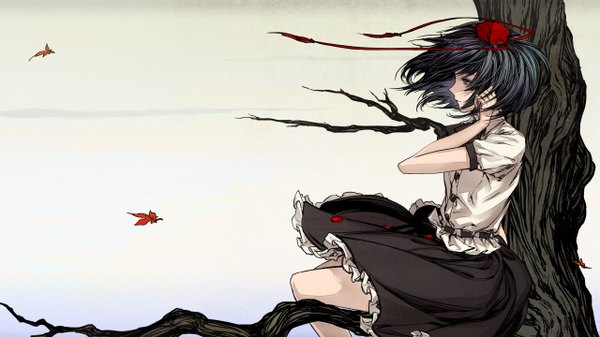 Anime picture 1280x720 with touhou shameimaru aya egawa satsuki single short hair black hair wide image sitting profile black eyes girl dress hat leaf (leaves)