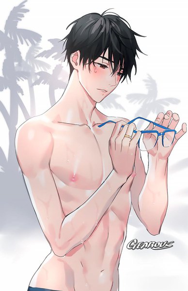 Anime picture 776x1199 with yuri!!! on ice mappa katsuki yuuri gearous single tall image blush fringe short hair light erotic black hair hair between eyes standing holding brown eyes signed nipples upper body parted lips head tilt