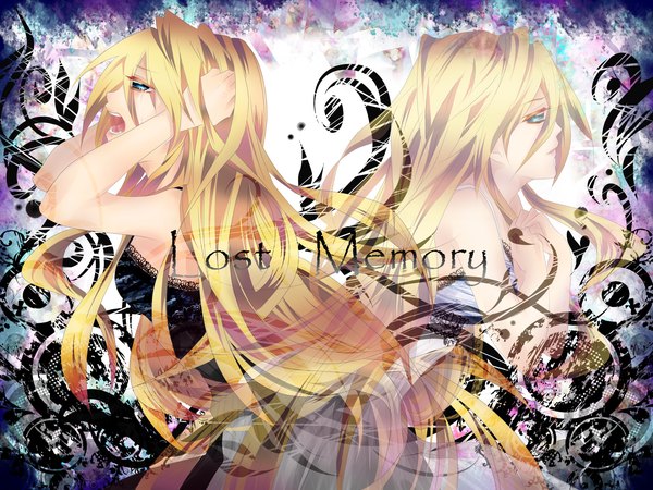 Anime picture 2000x1500 with vocaloid lily (vocaloid) tyouya long hair highres open mouth blue eyes blonde hair inscription tears hands clasped dual persona girl dress