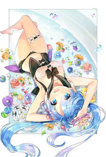 Anime picture 800x1183 with re:zero kara hajimeru isekai seikatsu white fox rem (re:zero) ayami (annahibi) single long hair tall image looking at viewer fringe breasts open mouth blue eyes light erotic hair between eyes twintails holding blue hair cleavage lying :d