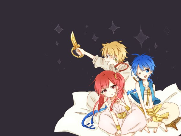 Anime picture 1280x960 with magi the labyrinth of magic a-1 pictures morgiana aladdin (magi) ali baba saluja tagme (artist) long hair short hair blue eyes simple background blonde hair red eyes yellow eyes blue hair red hair grey background group girl boy earrings