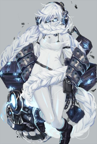 Anime picture 830x1228 with kantai collection supply depot hime hujitaumi single tall image looking at viewer fringe blue eyes simple background hair between eyes bare shoulders payot ahoge bent knee (knees) white hair braid (braids) very long hair head tilt grey background teeth