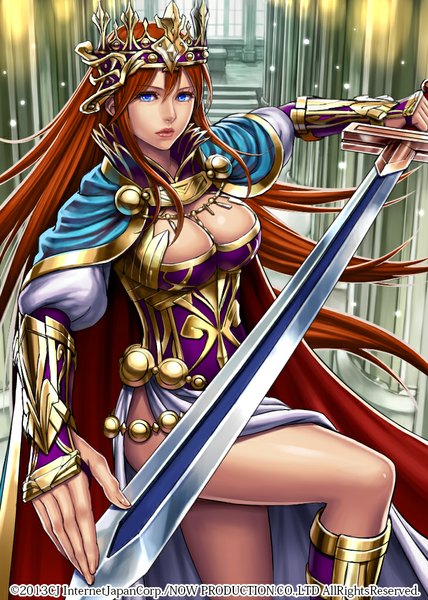 Anime picture 730x1024 with lotz (artist) single tall image fringe breasts blue eyes light erotic brown hair large breasts standing holding cleavage bent knee (knees) very long hair glow girl weapon sword armor knee boots