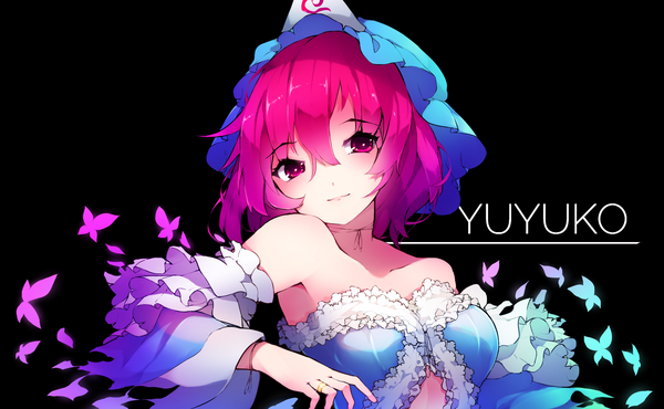 Anime picture 2151x1328 with touhou saigyouji yuyuko chiroru (cheese-roll) single looking at viewer fringe highres short hair simple background hair between eyes wide image pink hair upper body pink eyes character names black background girl hat insect butterfly