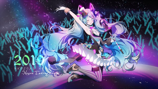 Anime picture 1244x700 with vocaloid magical mirai (vocaloid) hatsune miku magical mirai miku magical mirai miku (2019) whiteshirt single blush open mouth wide image twintails full body very long hair one eye closed aqua eyes wink aqua hair armpit (armpits) sleeveless jumping