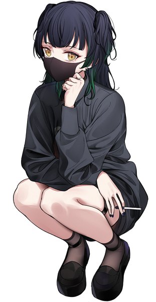 Anime picture 1200x2318 with idolmaster idolmaster shiny colors mayuzumi fuyuko liu chi tiantang fr single tall image looking at viewer fringe black hair simple background white background holding green eyes payot full body blunt bangs long sleeves nail polish multicolored hair fingernails