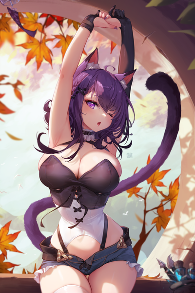 Anime picture 4200x6300 with original mitsu (mitsu art) single long hair tall image looking at viewer blush fringe highres breasts open mouth light erotic hair between eyes large breasts standing purple eyes signed animal ears absurdres purple hair