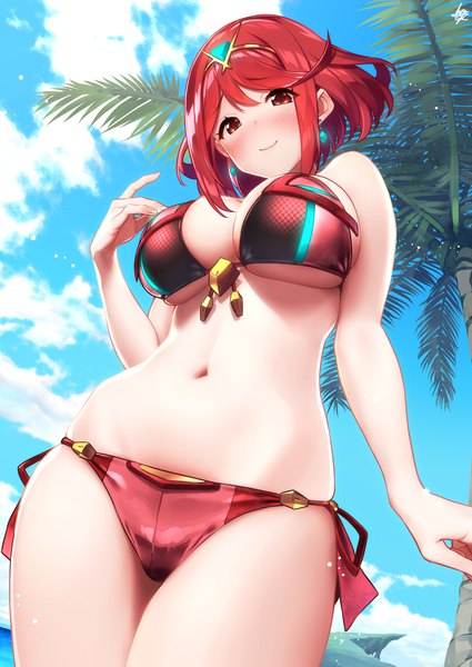 Anime picture 2507x3541 with xenoblade xenoblade 2 pyra (xenoblade) baffu single tall image looking at viewer blush fringe highres short hair breasts light erotic smile hair between eyes red eyes large breasts standing payot sky