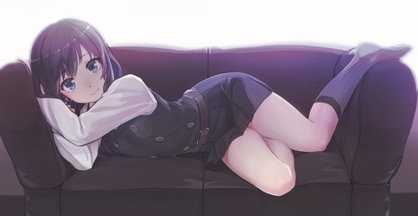Anime picture 1826x945 with kantai collection asashio destroyer konnyaku (kk-monmon) single long hair looking at viewer fringe highres blue eyes black hair simple background smile wide image white background full body bent knee (knees) lying no shoes on side girl