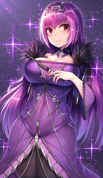 Anime picture 1211x2099 with fate (series) fate/grand order scathach (fate) (all) scathach skadi (fate) syow (syoutamho) single long hair tall image looking at viewer blush fringe breasts light erotic simple background smile hair between eyes red eyes large breasts standing holding