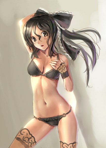 Anime picture 642x900 with original katahira masashi single long hair tall image looking at viewer blush breasts light erotic brown eyes bare belly underwear only sketch girl thighhighs gloves navel underwear panties ribbon (ribbons)