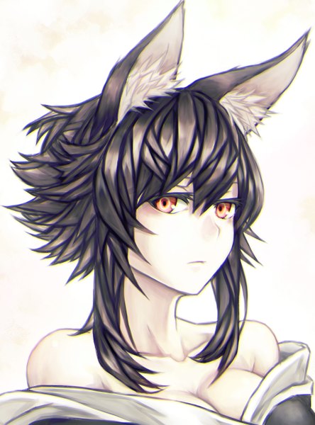Anime picture 955x1288 with original mstm single long hair tall image looking at viewer black hair simple background red eyes white background bare shoulders animal ears girl
