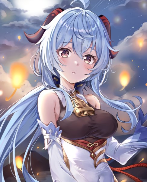 Anime picture 650x800 with genshin impact ganyu (genshin impact) sayuuiede single long hair tall image looking at viewer blush fringe hair between eyes brown eyes blue hair cloud (clouds) upper body ahoge outdoors horn (horns) covered navel low ponytail girl