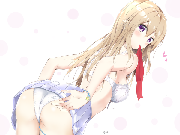 Anime picture 1312x987 with original arupisu (shintea) single long hair looking at viewer blush fringe light erotic simple background blonde hair hair between eyes white background purple eyes holding ass pleated skirt looking back leaning leaning forward mouth hold