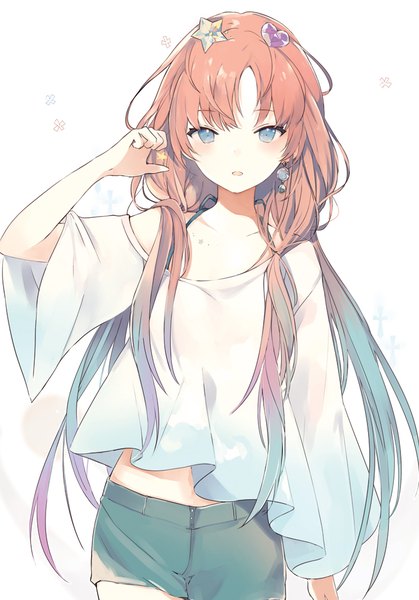 Anime picture 699x1000 with original lpip single long hair tall image looking at viewer blush fringe open mouth blue eyes simple background standing multicolored hair arm up orange hair off shoulder wide sleeves girl hair ornament shorts