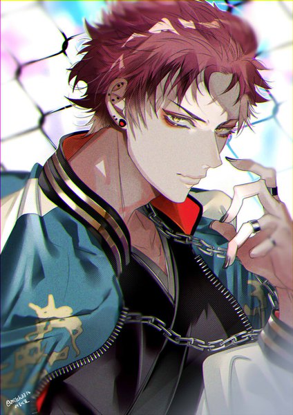 Anime picture 778x1100 with hypnosis mic kuko harai milch3314 single tall image looking at viewer short hair yellow eyes upper body red hair nail polish lips open jacket piercing ear piercing boy jacket chain ring fence