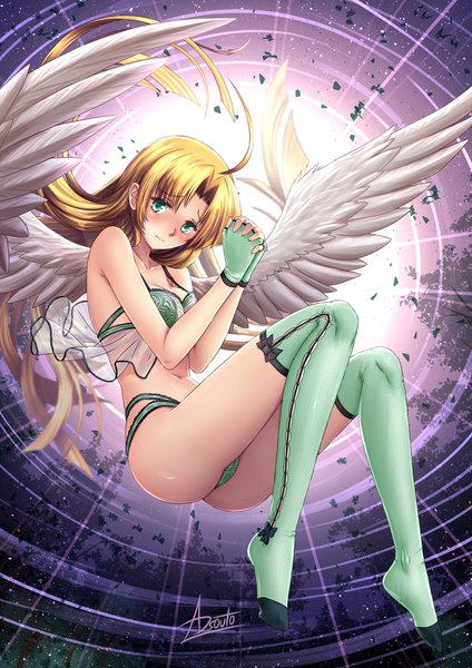 Anime picture 1240x1754 with highschool dxd asia argento adsouto single long hair tall image looking at viewer blush fringe breasts light erotic blonde hair large breasts bare shoulders payot full body ahoge bent knee (knees) aqua eyes light smile