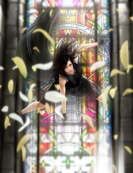 Anime picture 2683x3500 with final fantasy vii advent children final fantasy final fantasy vii square enix tifa lockhart single long hair tall image highres black hair realistic 3d attack girl gloves petals cloak stained glass