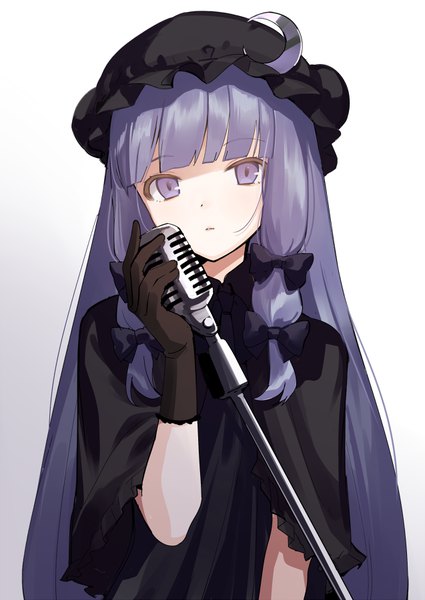 Anime picture 637x900 with touhou patchouli knowledge urata asao single long hair tall image looking at viewer fringe simple background purple eyes holding purple hair blunt bangs head tilt gradient background expressionless crescent girl bow hair bow