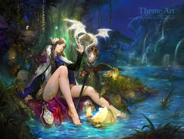 Anime picture 1186x900 with original hyugard single long hair brown hair barefoot hair flower aqua eyes pointy ears inscription legs fantasy river waterfall girl hair ornament animal water staff lamp