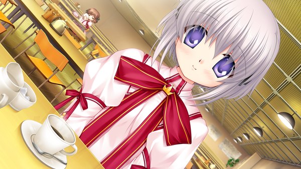 Anime picture 1280x720 with rewrite short hair blue eyes wide image game cg white hair girl uniform school uniform
