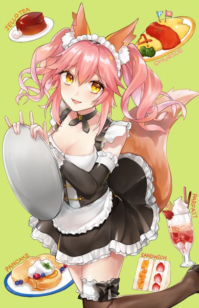 Anime picture 552x850 with fate (series) fate/extra tamamo (fate) (all) tamamo no mae (fate) shiao single long hair tall image looking at viewer fringe open mouth hair between eyes twintails animal ears yellow eyes payot pink hair cleavage bent knee (knees) tail