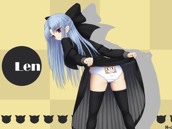 Anime picture 1280x960 with shingetsutan tsukihime type-moon len (tsukihime) light erotic ass pointy ears skirt lift half updo print panties thighhighs skirt underwear panties