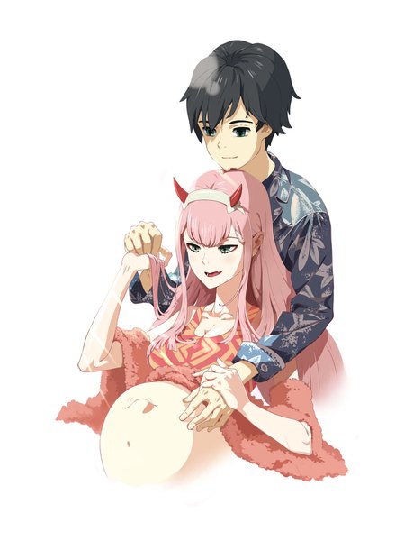 Anime-Bild 3024x4032 mit darling in the franxx studio trigger zero two (darling in the franxx) hiro (darling in the franxx) user wssc4878 long hair tall image blush fringe highres short hair breasts open mouth light erotic black hair simple background smile hair between eyes large breasts white background