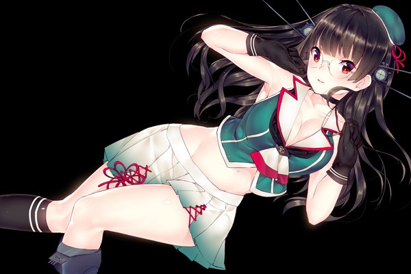 Anime picture 1920x1280 with kantai collection choukai heavy cruiser junp jun project single long hair fringe highres breasts light erotic black hair simple background red eyes large breasts payot cleavage bare belly groin black background girl
