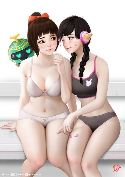 Anime picture 1920x2715 with overwatch blizzard entertainment d.va (overwatch) mei (overwatch) snowball (overwatch) jubi (regiana) long hair tall image fringe highres breasts light erotic black hair brown hair large breasts sitting multiple girls signed ponytail braid (braids)