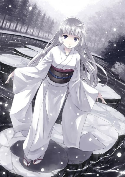 Anime picture 640x905 with original yakka single long hair tall image fringe breasts standing purple eyes ahoge outdoors blunt bangs traditional clothes japanese clothes lips grey hair wide sleeves dutch angle snowing snow