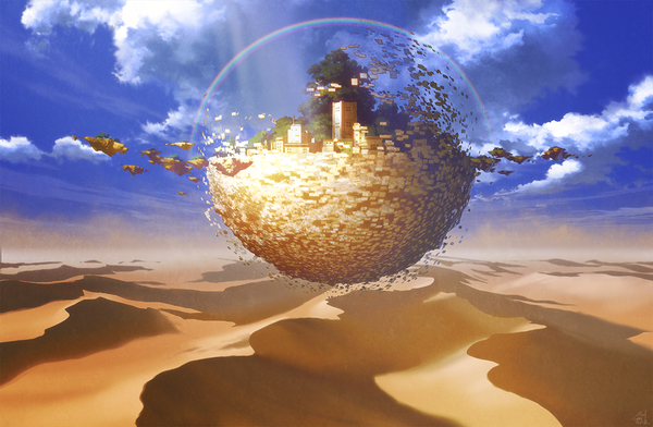 Anime picture 1100x719 with original mocha (cotton) signed sky cloud (clouds) sunlight no people scenic floating island desert plant (plants) tree (trees) building (buildings) rainbow island flying castle