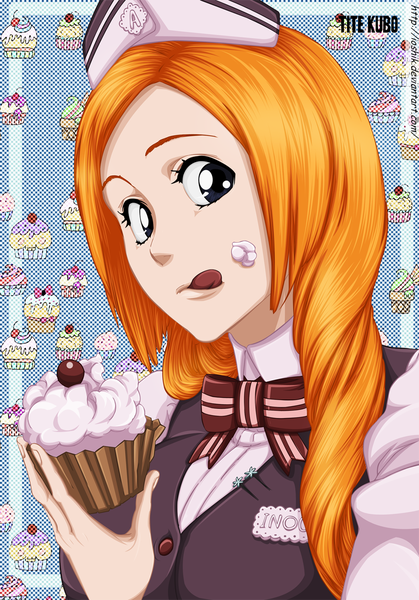 Anime picture 909x1300 with bleach studio pierrot inoue orihime ioshik single long hair tall image black eyes orange hair coloring food on face girl uniform food sweets tongue bowtie berry (berries) cake cherry